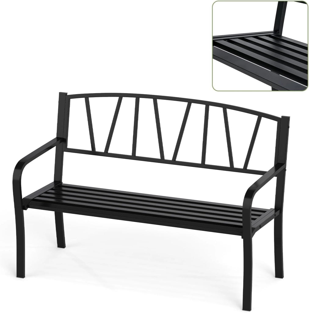 Panca da giardino a 2 posti, panca da parco in metallo, sedia da parco con schienale, carico di 300 kg, per balcone, terrazza, nero (modello 3, 128 x 60 x 86 cm)