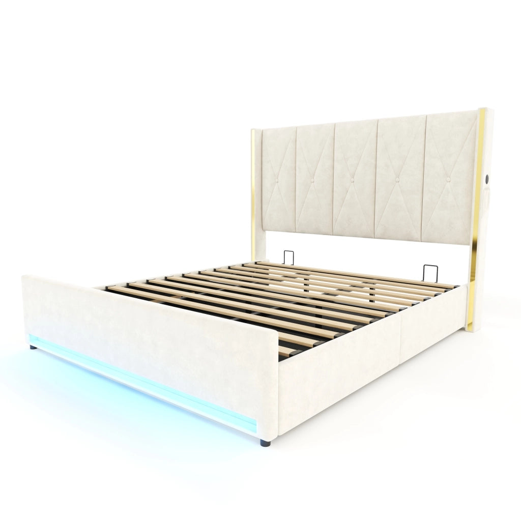 Letto matrimoniale 180x200 cm in velluto beige con testiera alta; LED; USB e contenitore