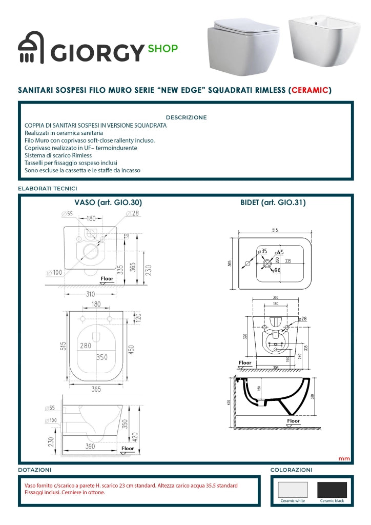 Coppia Sanitari Sospesi Rimless Senza Brida Serie New Edge Nero Opaco Coprivaso Soft-Close Incluso