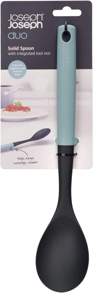Joseph Joseph Duo Cucchiaione da cucina Resistente al Calore, Cucchiaio con Poggiamestolo integrato, Antiaderente, Blu