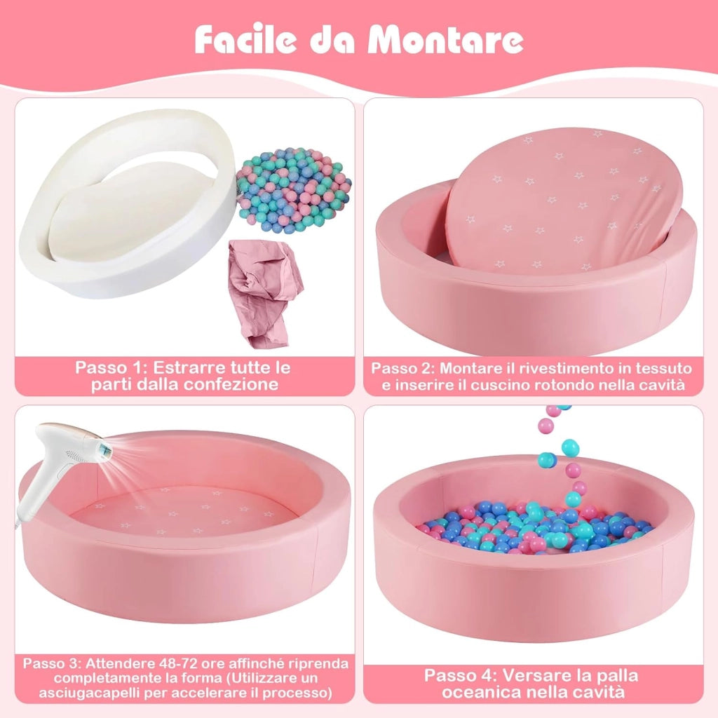 Piscina di Palline per Bambini, Vasca Rotonda con 200 Palline Colorate, Sacchetto in Rete e Copertura Rimovibile, Piscinetta in Morbida Schiuma per Soggiorno e Camera di Bambino (Rosa)