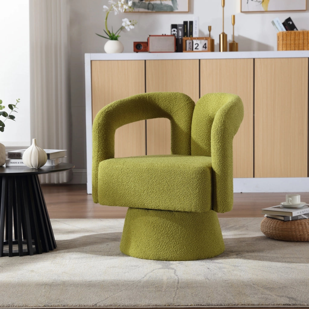 Poltrona girevole 360° in bouclé verde oliva; seduta imbottita 67x55x74 cm