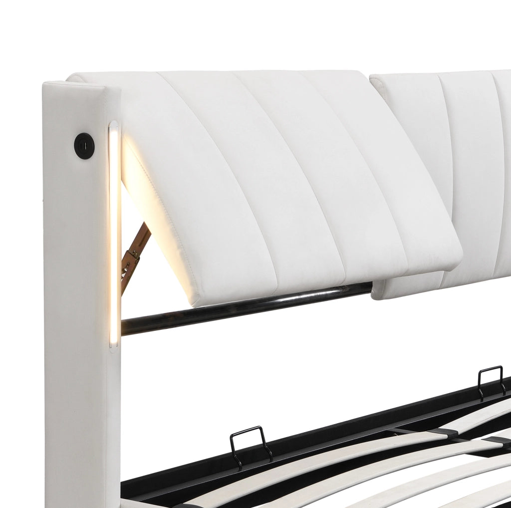 Letto imbottito bianco 160×200 cm con LED, USB Type-C, contenitore e testiera regolabile
