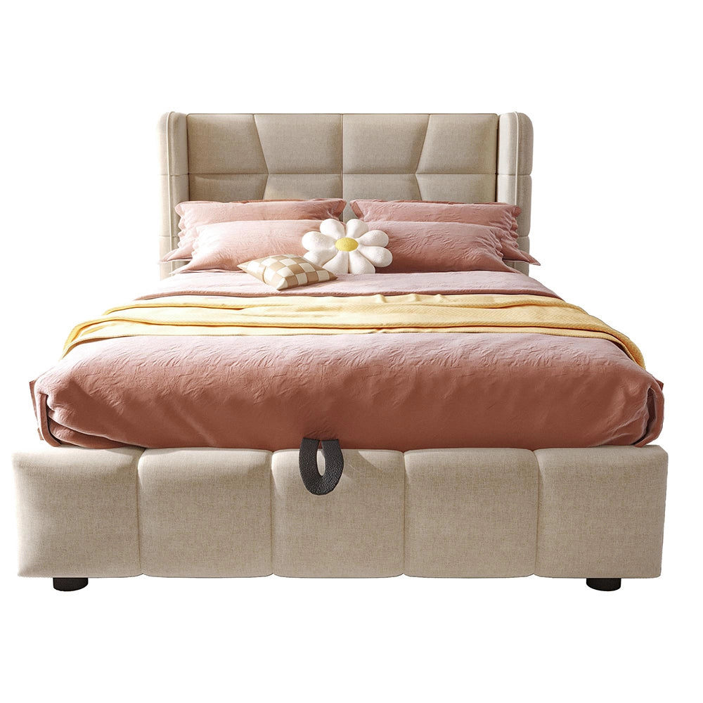 Letto imbottito per bambini - Xylo - 90x200 cm - Beige - Testiera e sistema di archiviazione pneumatico