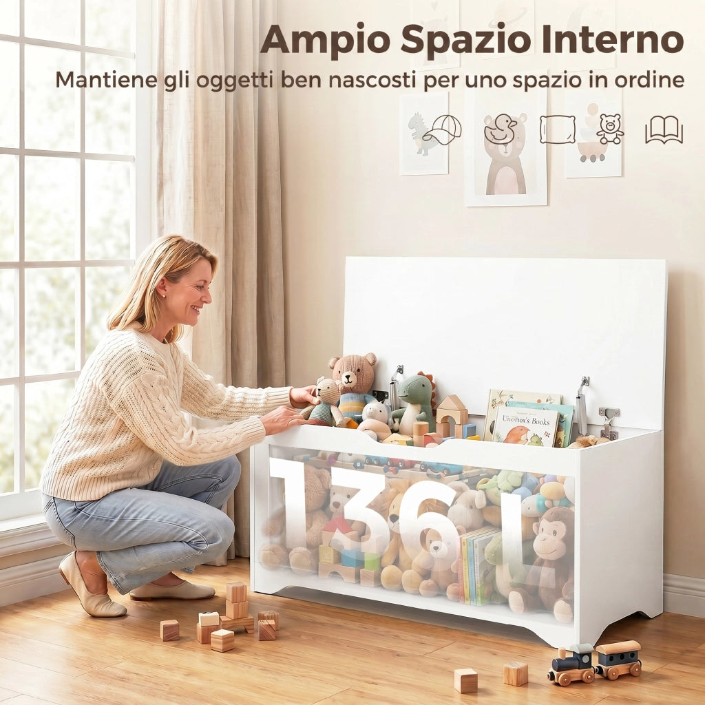 Panca Contenitore 100x40x45 cm Capacità 136L con Coperchio Sollevabile in Legno Bianca