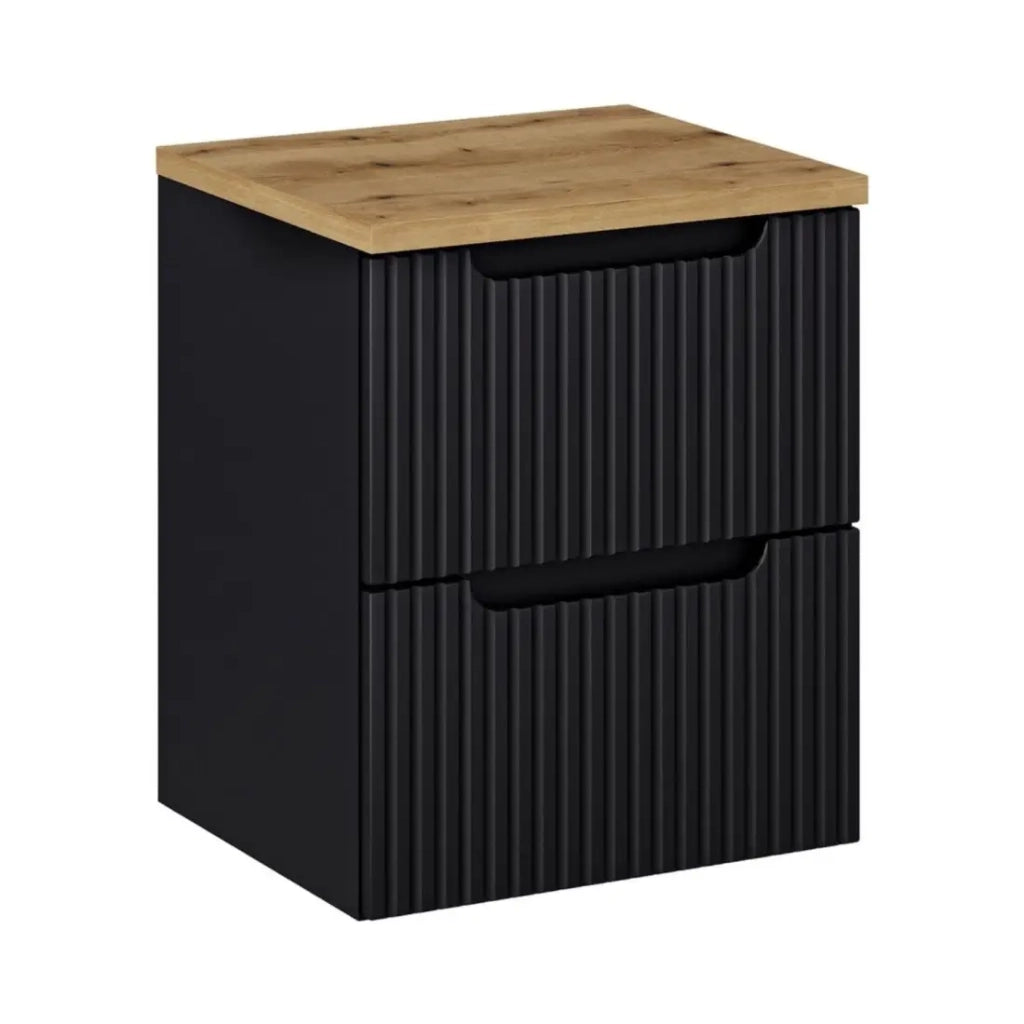 Set da bagno sospeso VANO 50cm: mobile sotto lavabo con cassetti scanalati + piano per lavabo effetto rovere chiaro