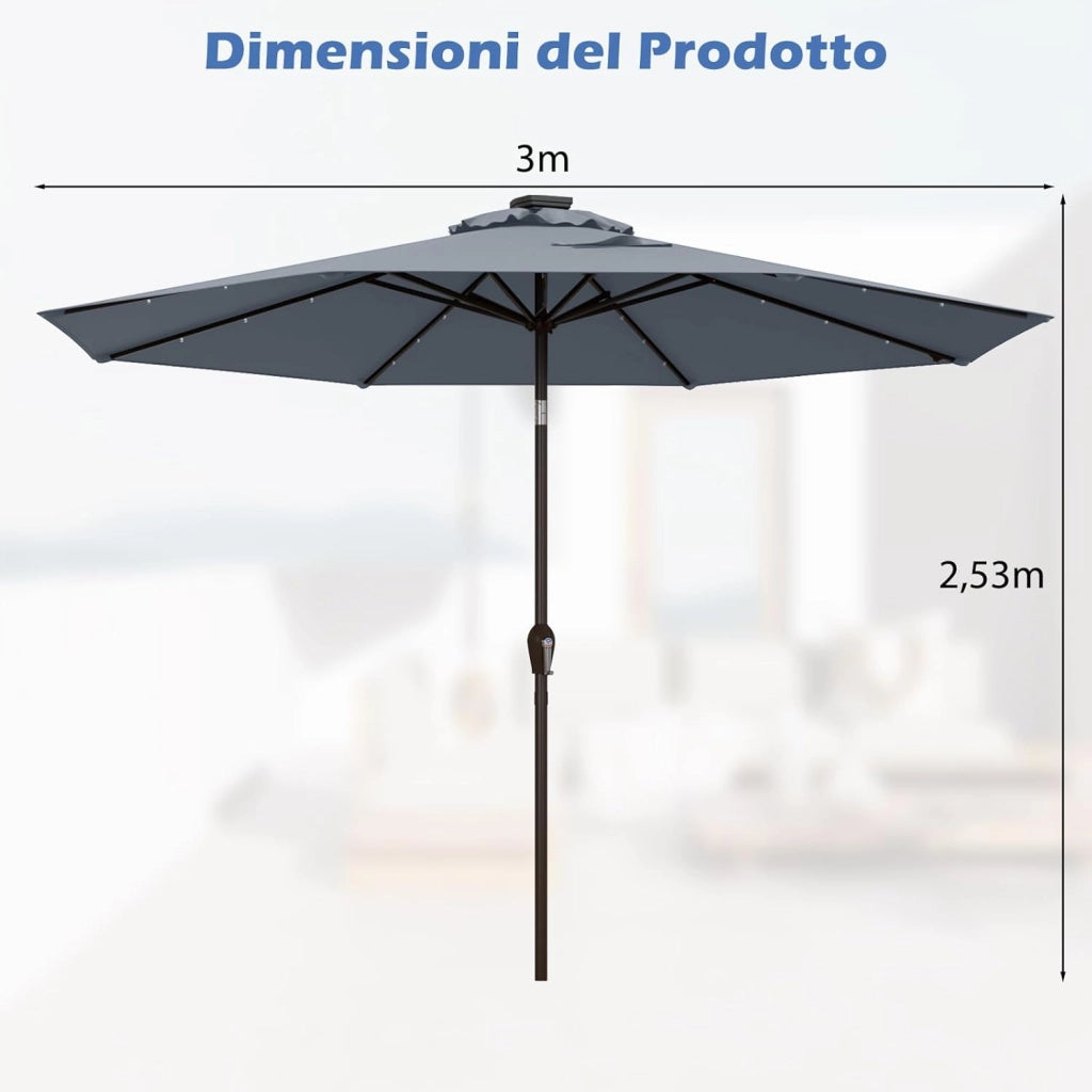 Ombrellone da Giardino da 300 cm, Parasole per Esterno con 24 Luci LED, con 8 Stecche in Metallo, Manovella e Inclinazione Regolabile, per Giardino, Coltile, Piscina (Grigio)