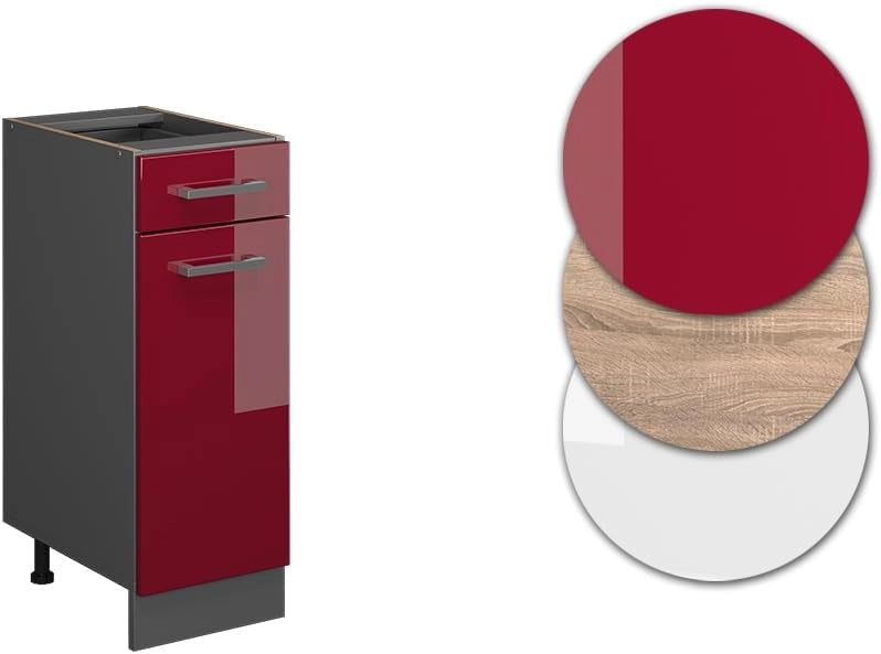 Mobiletto base per cucina R-Line, Rosso lucido, 30 cm senza piano di lavoro, per la libera combinazione all'interno di sistemi cucina modulari