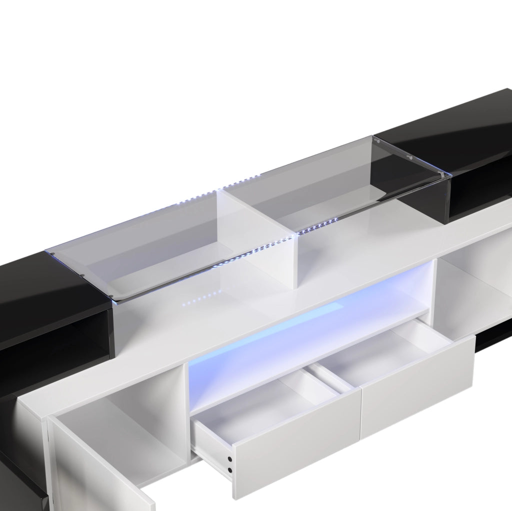 Mobile TV con LED multicolore, 4 ante e 2 cassetti, nero e bianco, 200 cm