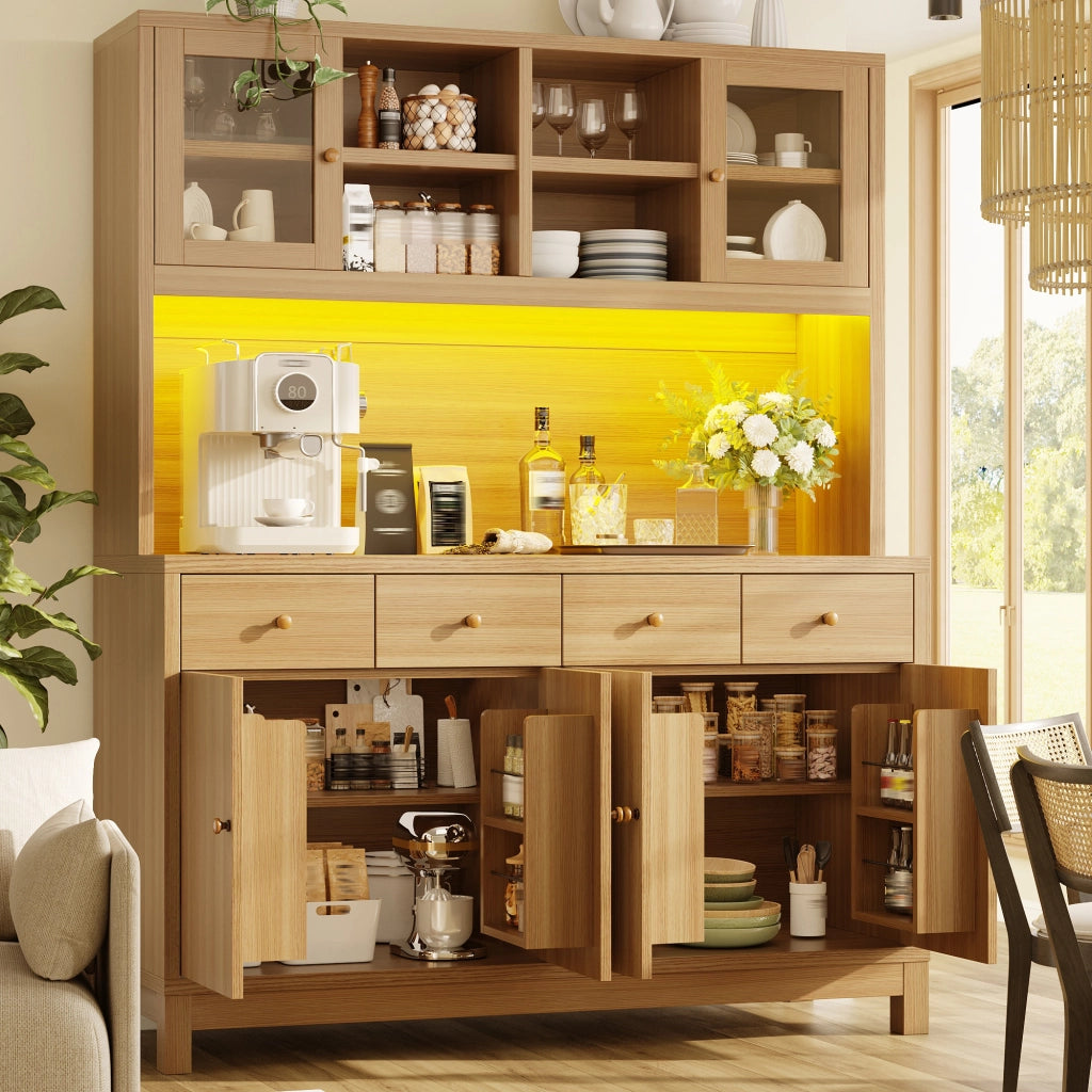 Credenza alta con LED RGB, ante in vetro, 4 cassetti e ripiani regolabili, in MDF effetto legno, 140 × 38,5 × 180 cm