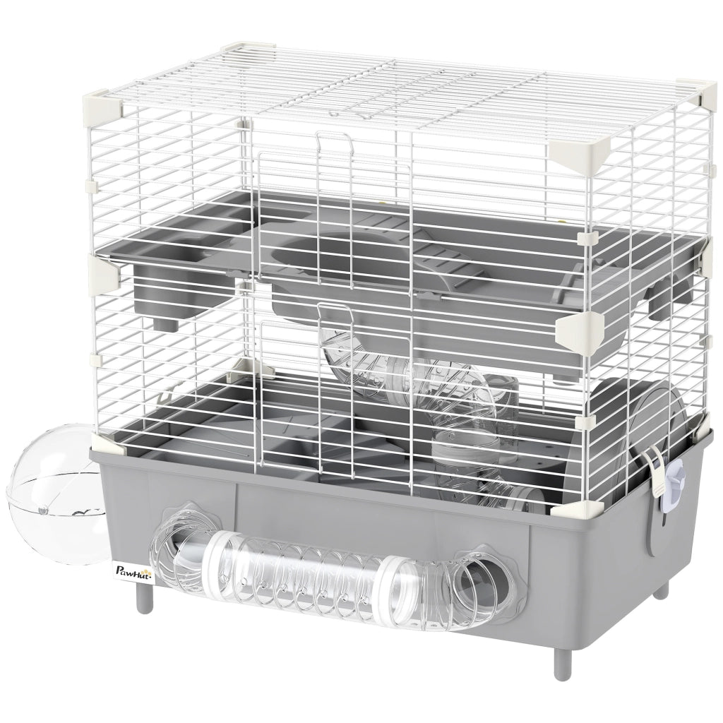 Gabbia per Criceti a 2 Livelli e 3 Porte con Ruota e Tubi, in Acciaio, PS e PP, 44.5x28x44 cm, Grigio e Bianco