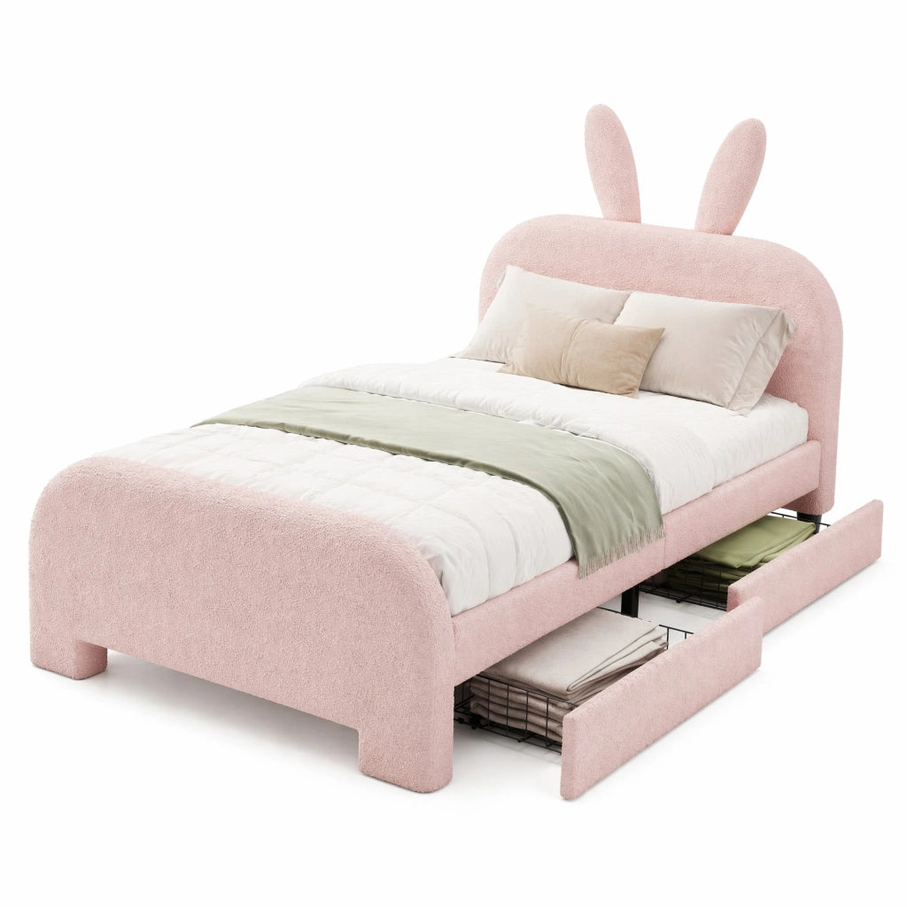 Letto imbottito per bambini 90x200 cm rosa con testiera coniglio e 2 cassetti