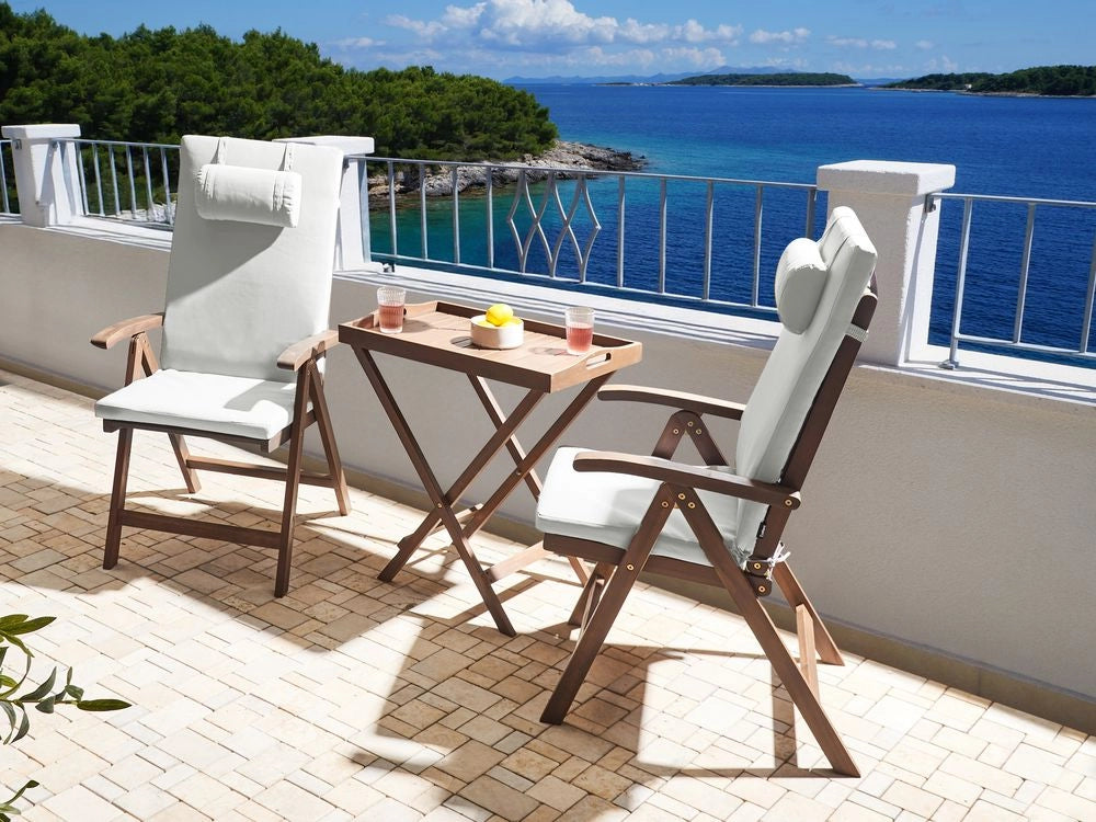 Set da balcone in stile rustico da giardino tavolo in acacia massiccia naturale e 2 sedie pieghevoli con cuscini bianco sporco