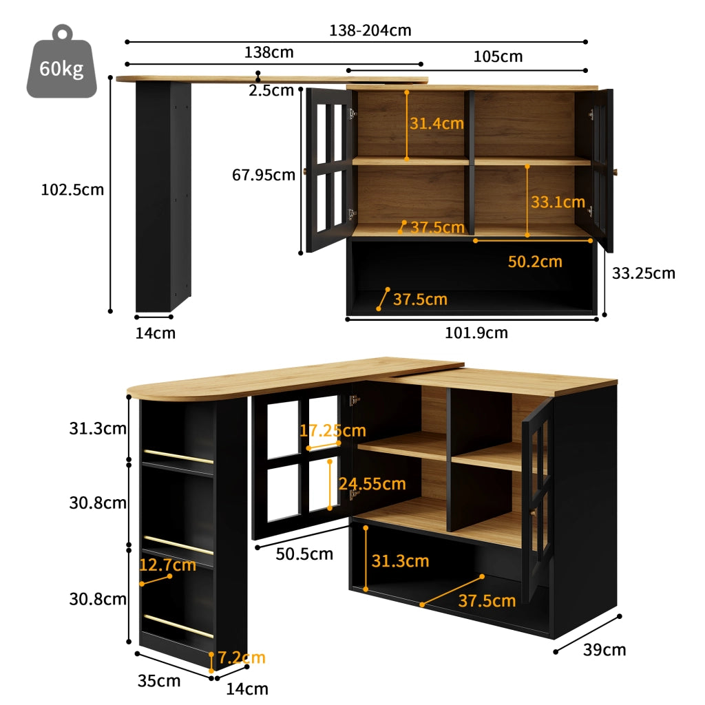 Mobile Bar con 2 Ante in Vetro; 3 Ripiani Laterali; 3 Ripiani Regolabili; Girevole a 360°; in MDF; 138-204 x 39 x 102;5 cm; Nero