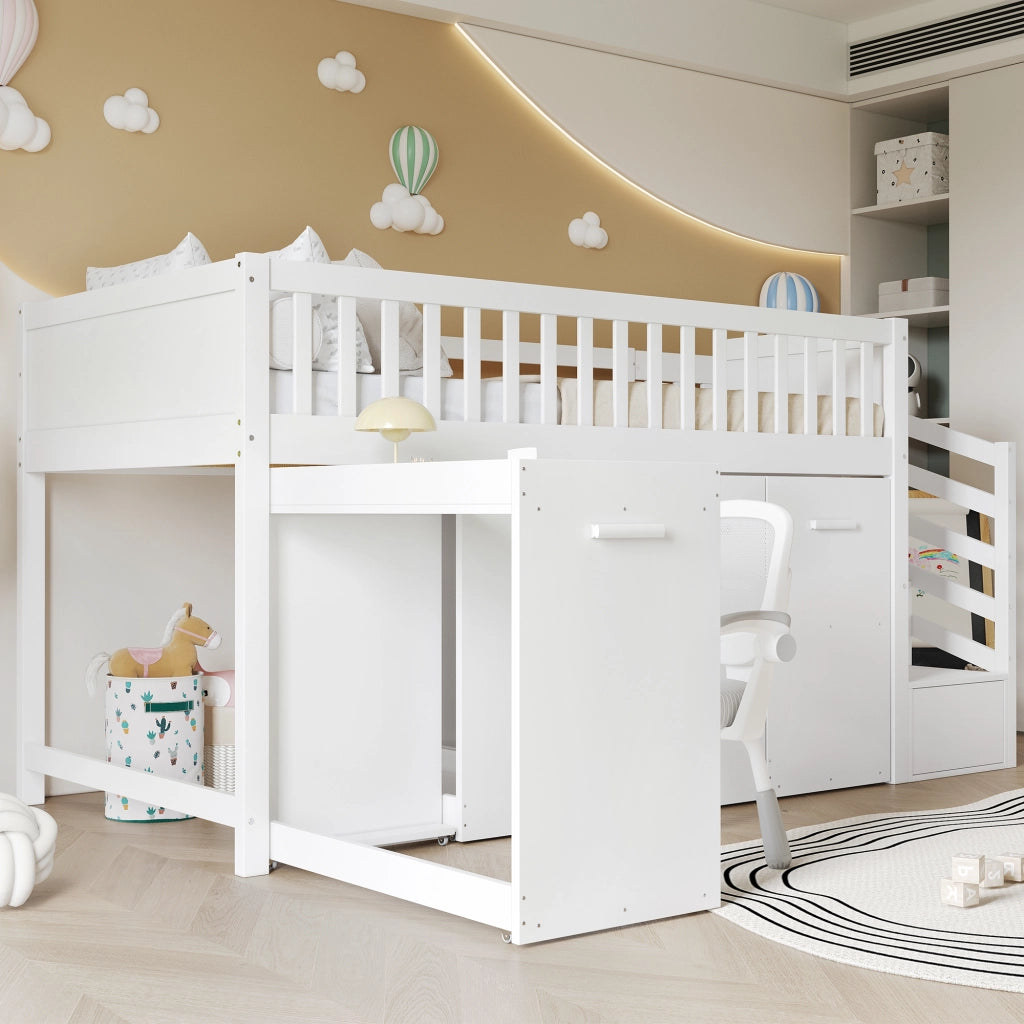 Letto a Castello 90x200 cm - con Scrivania Estraibile; Armadi e Armadietti - Bianco