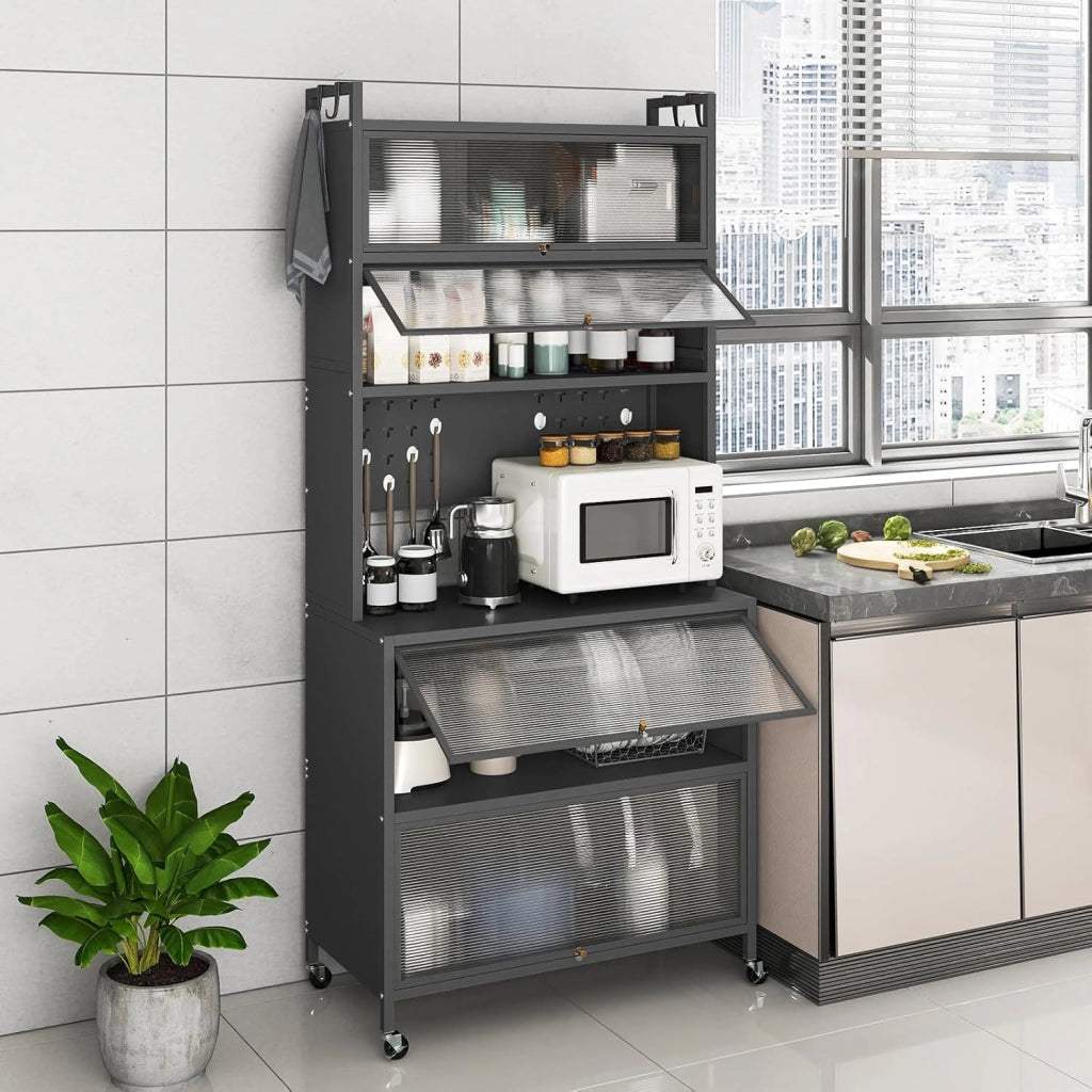 Mobile da cucina alto a 6 livelli, credenza cucina con ruote, 10 ganci, ante pieghevole, pannello perforato, mobile vetrina in acciaio, per soggiorno, sala da pranzo (grigio)