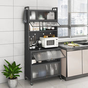 Mobile da cucina alto a 6 livelli, credenza cucina con ruote, 10 ganci, ante pieghevole, pannello perforato, mobile vetrina in acciaio, per soggiorno, sala da pranzo (grigio)