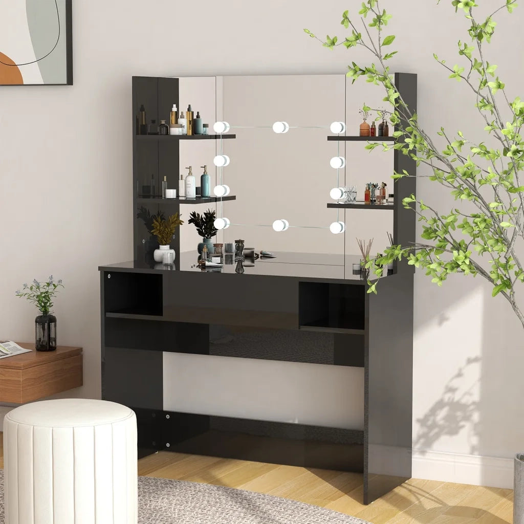 Toeletta | Tavolo da Trucco con Luci LED 100x40x135 cm in MDF Nero Lucido