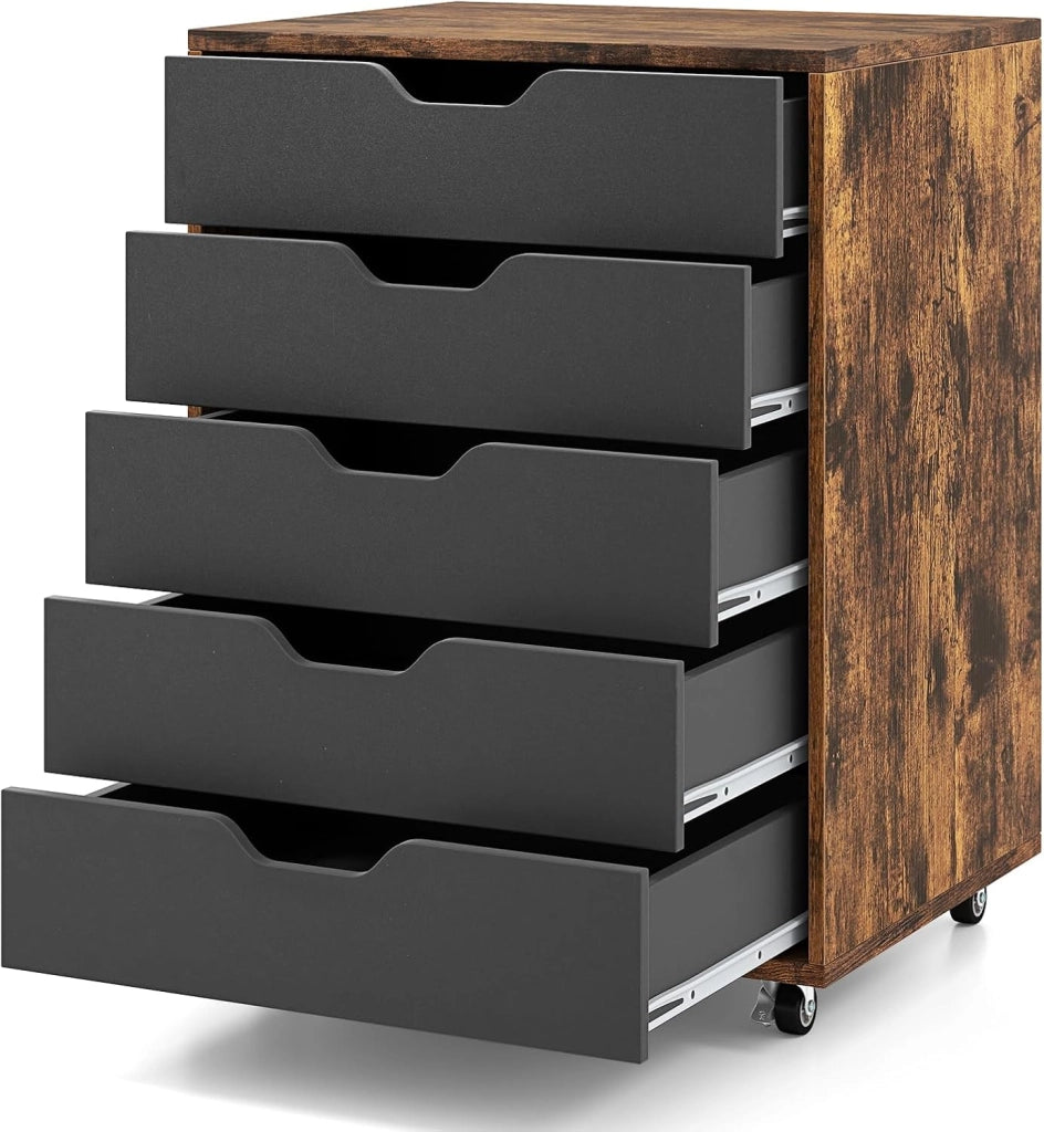 Cassetto da scrivania mobile con 5 cassetti da ufficio, mobile da ufficio, organizer con ruote, supporto per stampante per cartelle, documenti, documenti, carta, 48 x 39,5 x 69,5 cm (Marrone)