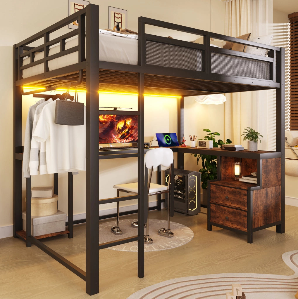 Letto a soppalco 140x200 cm con scrivania, LED, USB e ripiani