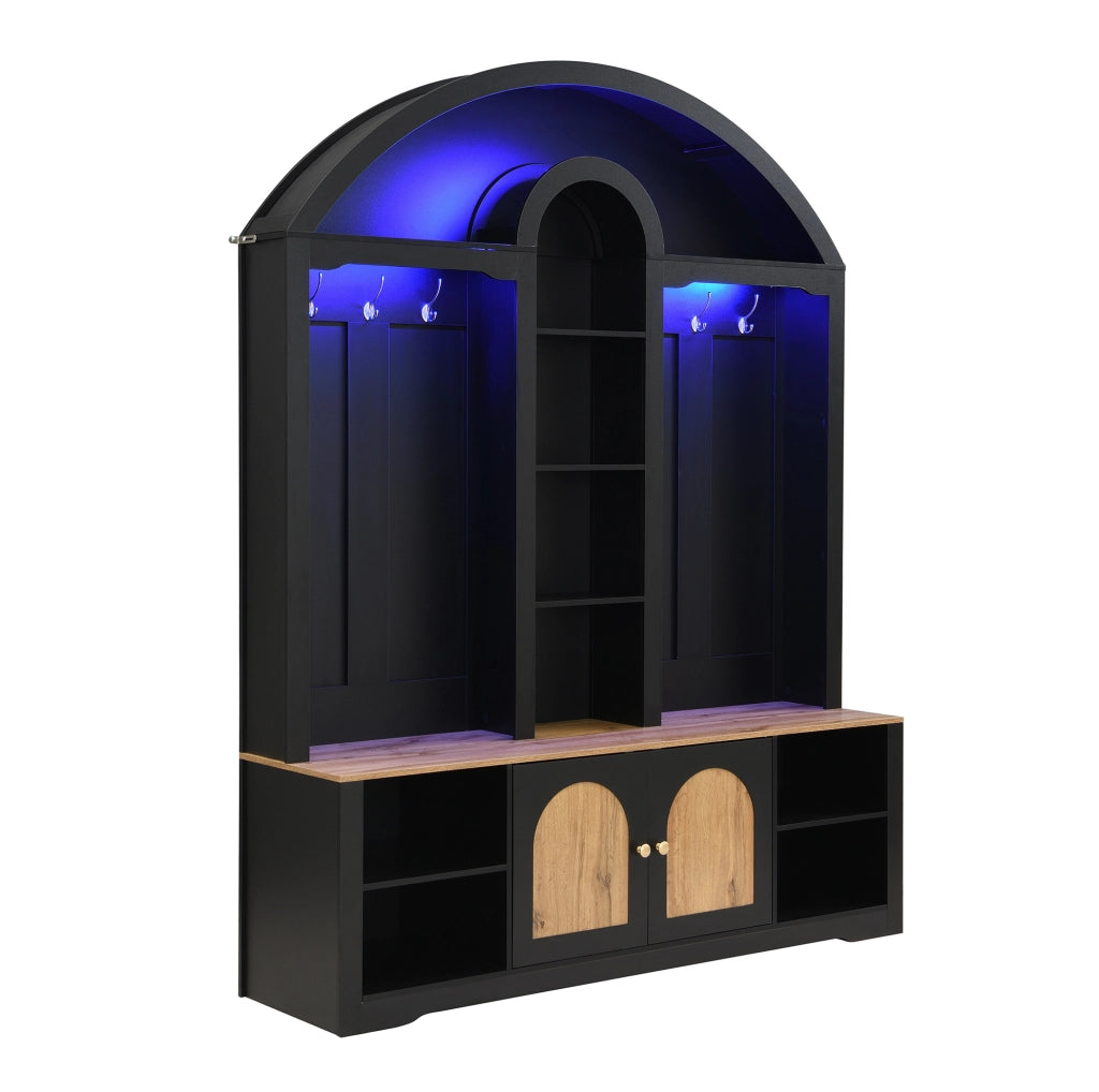 Garderobiera con 3 ripiani aperti; 2 ante e ganci; 150x40x195 cm; MDF; nera