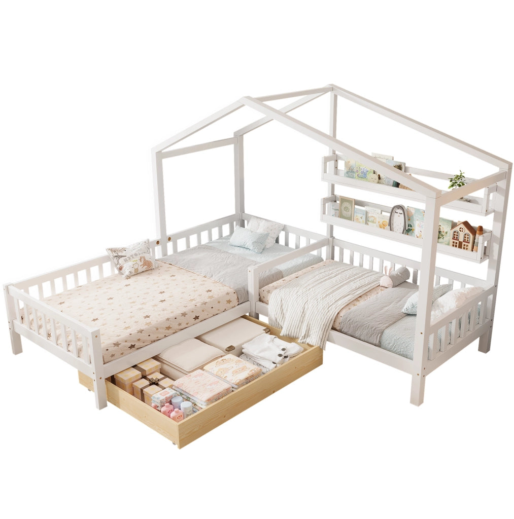 Letto a casetta a L in legno massello con cassetti e mensole bianco