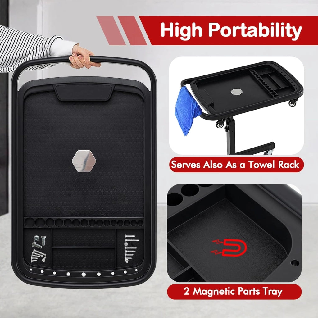 Carrello per officina, carrello girevole a 360°, altezza regolabile 80-130 cm, carico massimo 60 kg, grande vassoio rimovibile 73,5 x 46 cm, per garage, officina, soggiorno, casa, nero