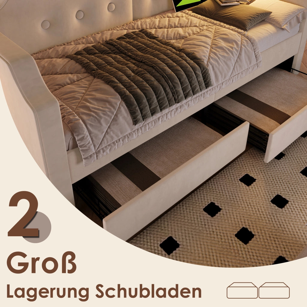 LETTO 90x200 cm in Velluto Beige con USB Type C, Lampada da Lettura e 2 Cassetti