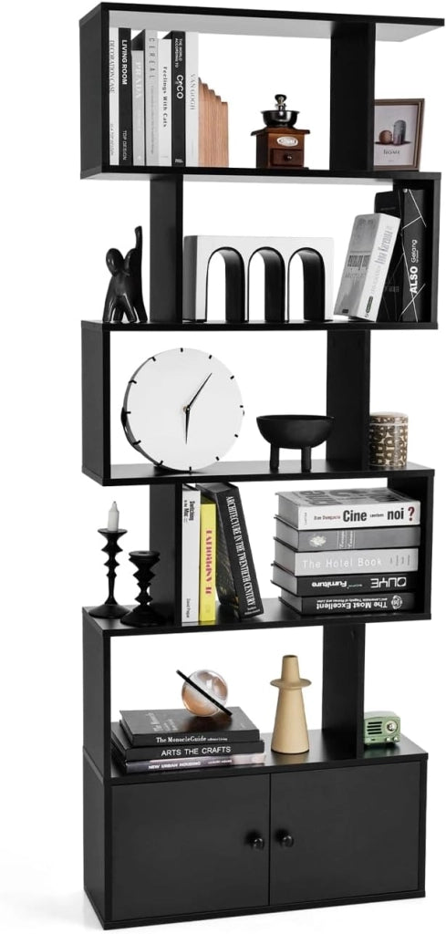 Scaffale Libri, 6 Livelli Ripiani con Ante, Minimalismo, Scaffale in Legno Industriale, Organizzatore di Libri, per Salone, Studio e Ufficio, 70 x 23 x 183 cm (Bianco)