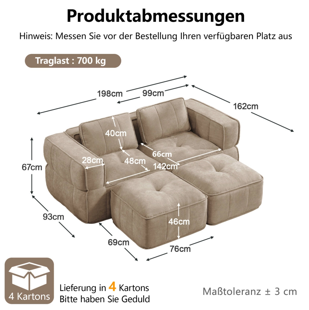 Divano modulare 2 posti con 2 pouf 198x162x67 cm in poliestere color sabbia