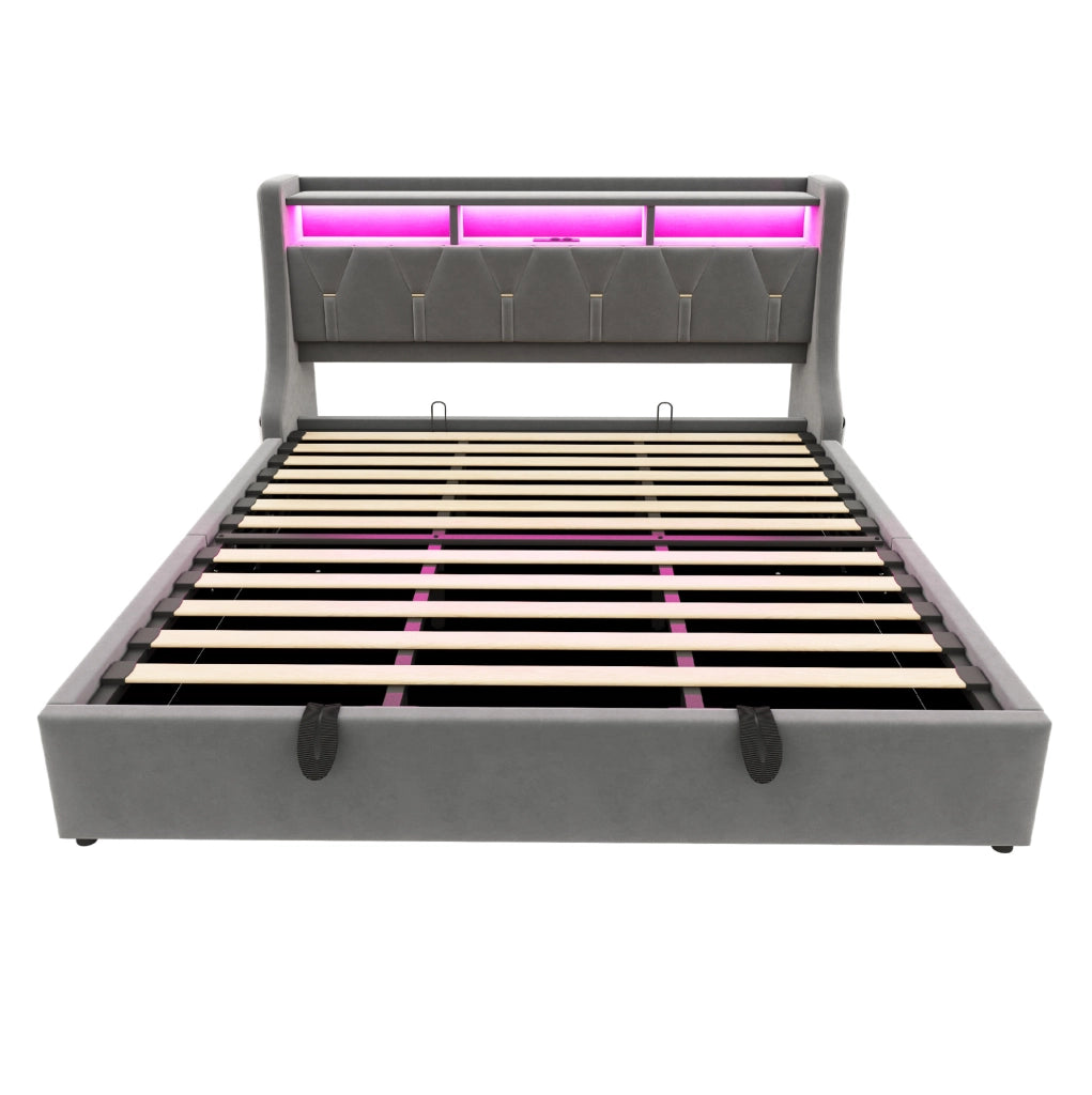 Letto contenitore imbottito 180x200 cm con LED, prese integrate e testiera con vano