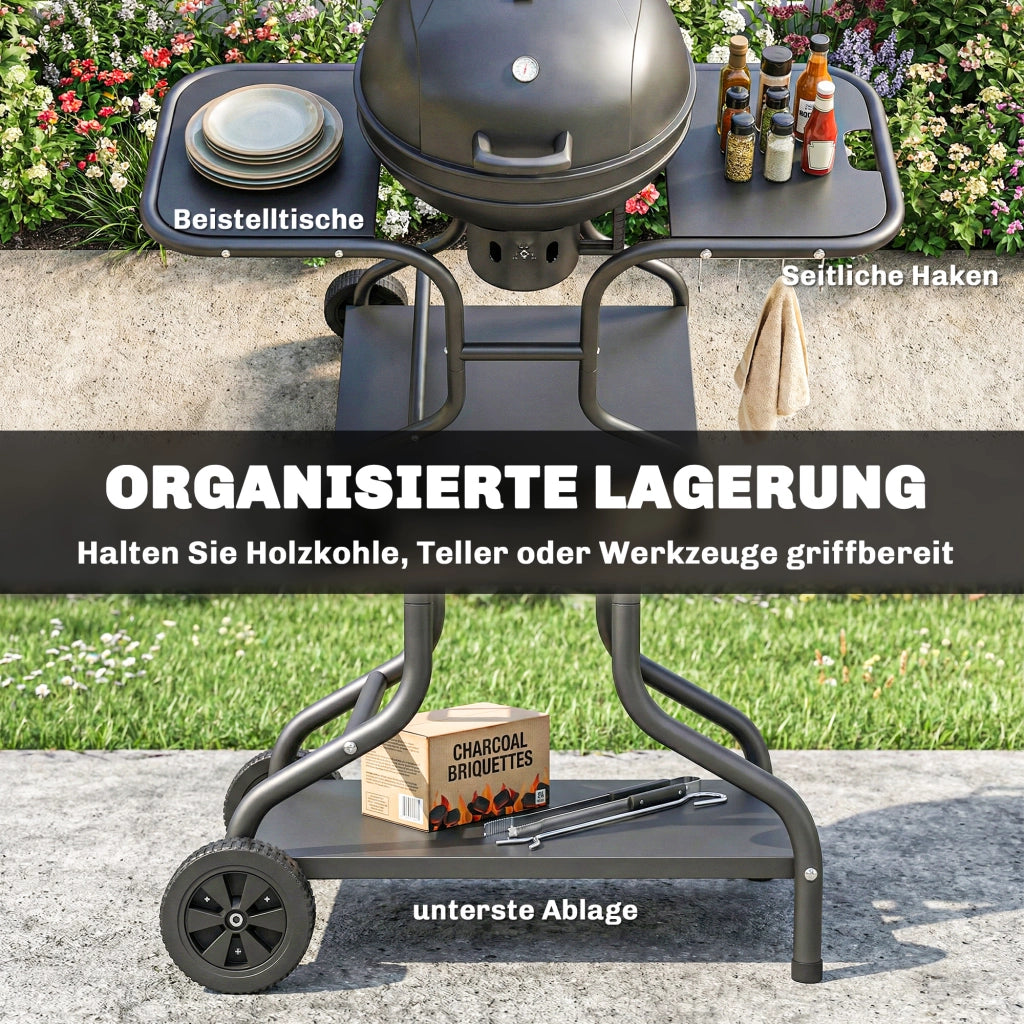 Grill BBQ Smoker con Tavolini Laterali Coperchio e Ruote ¨C zephmum ¨C Grigio 129x63.5x106.5 cm