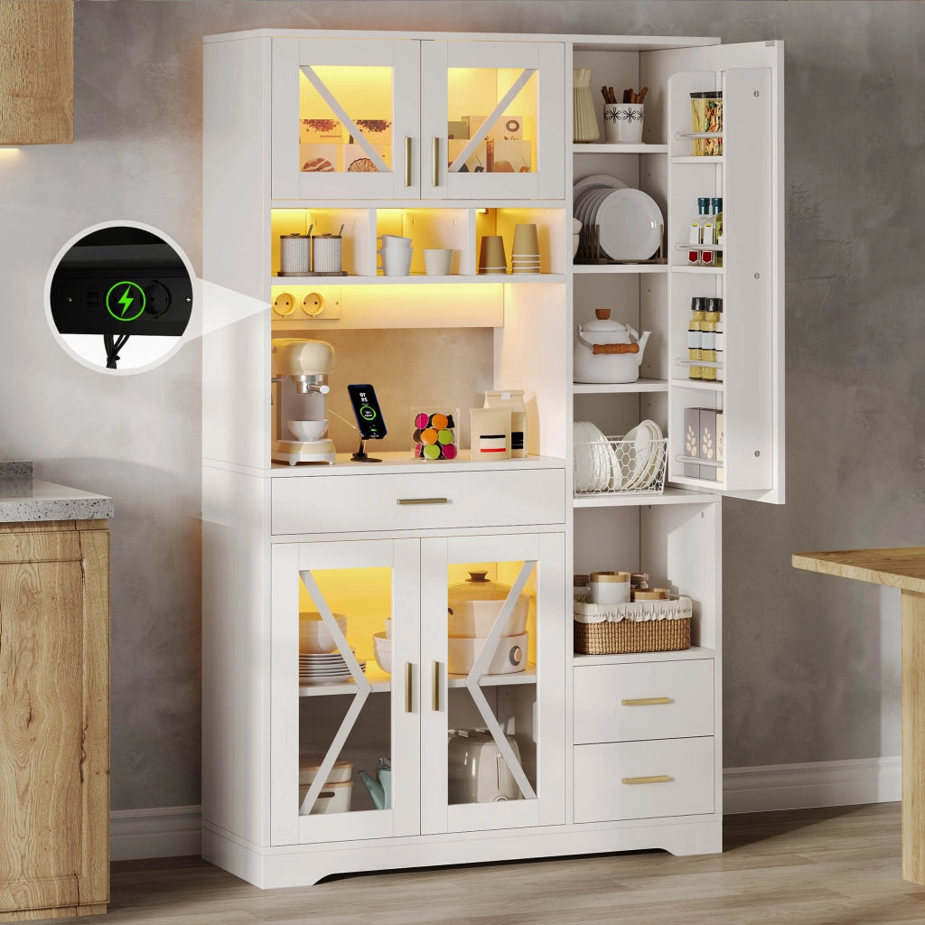 Credenza da cucina stile fienile con LED; prese e USB; 105x40x185 cm; bianca