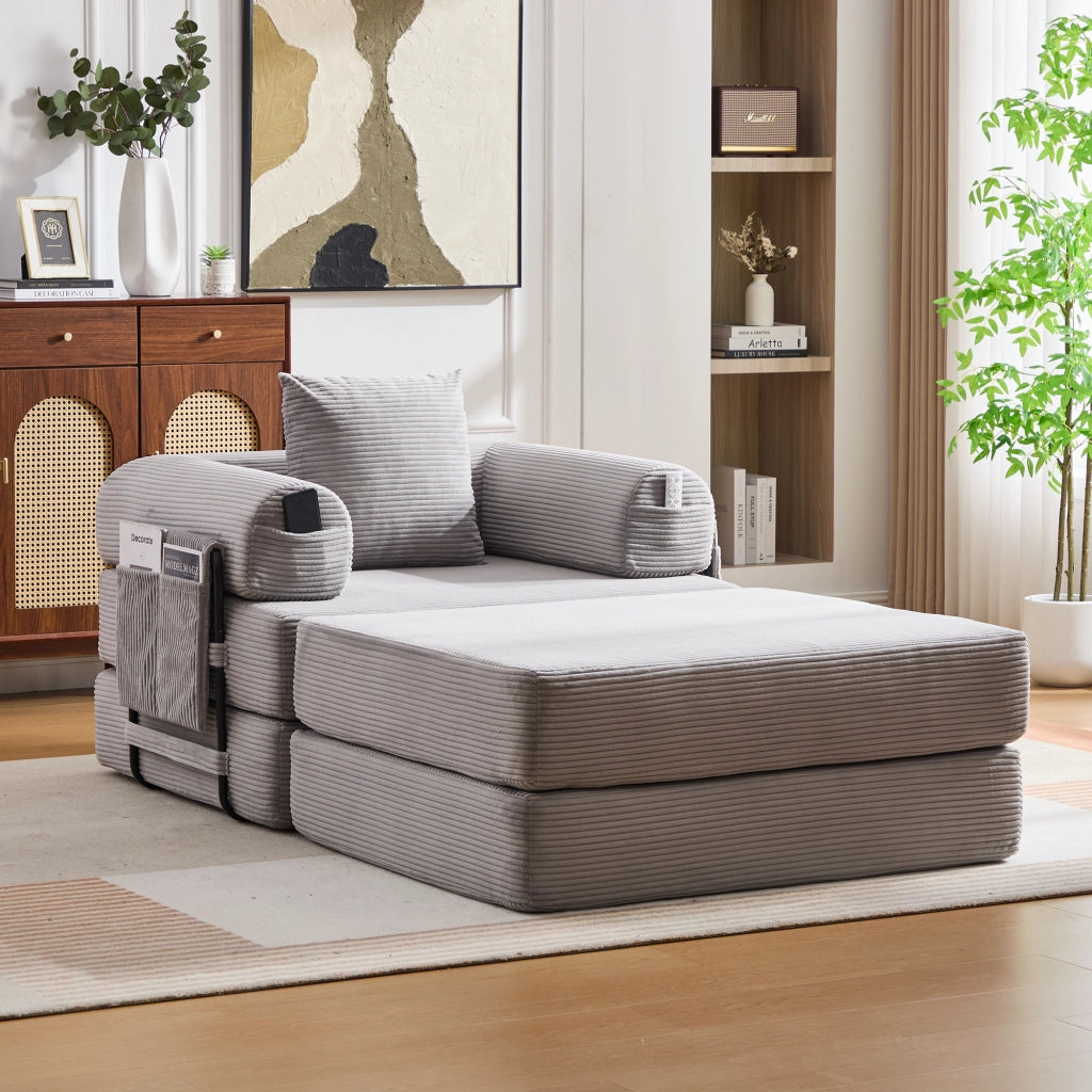 Divano modulare con cuscino e tasca laterale, design ergonomico per soggiorno, in velluto a coste grigio chiaro