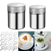 Due strumenti per cospargere zucchero a velo e cacao per cappuccino - 16 forme per stampare, accessori per caffè, strumento per cospargere con chiusura in acciaio inossidabile.