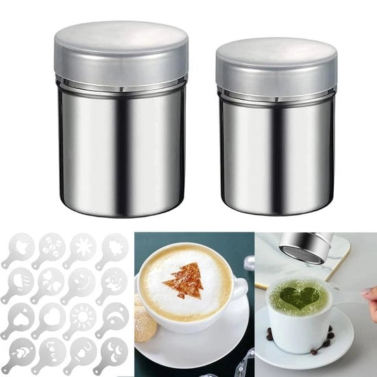 Due strumenti per cospargere zucchero a velo e cacao per cappuccino - 16 forme per stampare, accessori per caffè, strumento per cospargere con chiusura in acciaio inossidabile.