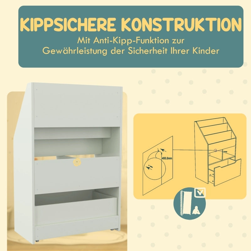 Libreria per bambini con cassetto, 3 ripiani e 2 vani a giorno, scaffale contenitore per cameretta, sala giochi, verde chiaro, 60 x 29,9 x 90 cm