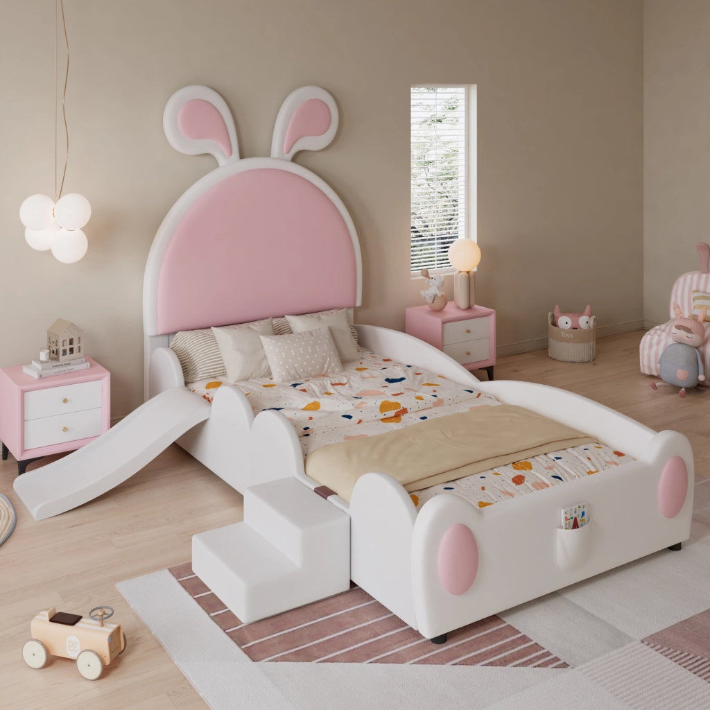 OKWISH Letto Bambino 90×200 cm, Letto Singolo con Scivolo, Scaletta e Tasca Portaoggetti, senza Materasso, in PU, Bianco e Rosa