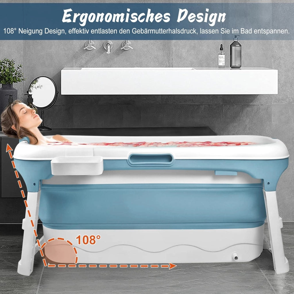 Vasca da bagno pieghevole per adulti, 128 x 60 x 53 cm, con copertura e cestino, mobile pieghevole, autoportante per bagno, doccia e balcone, blu