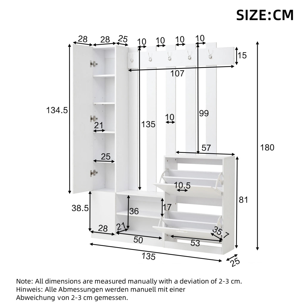 ARMADIO guardaroba ingresso con specchio 135x25x180 cm bianco