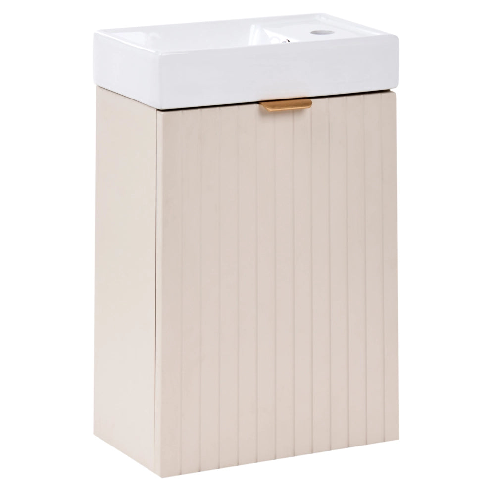 Mobile da bagno da fissare a parete con lavabo, frontale scanalato, colore beige