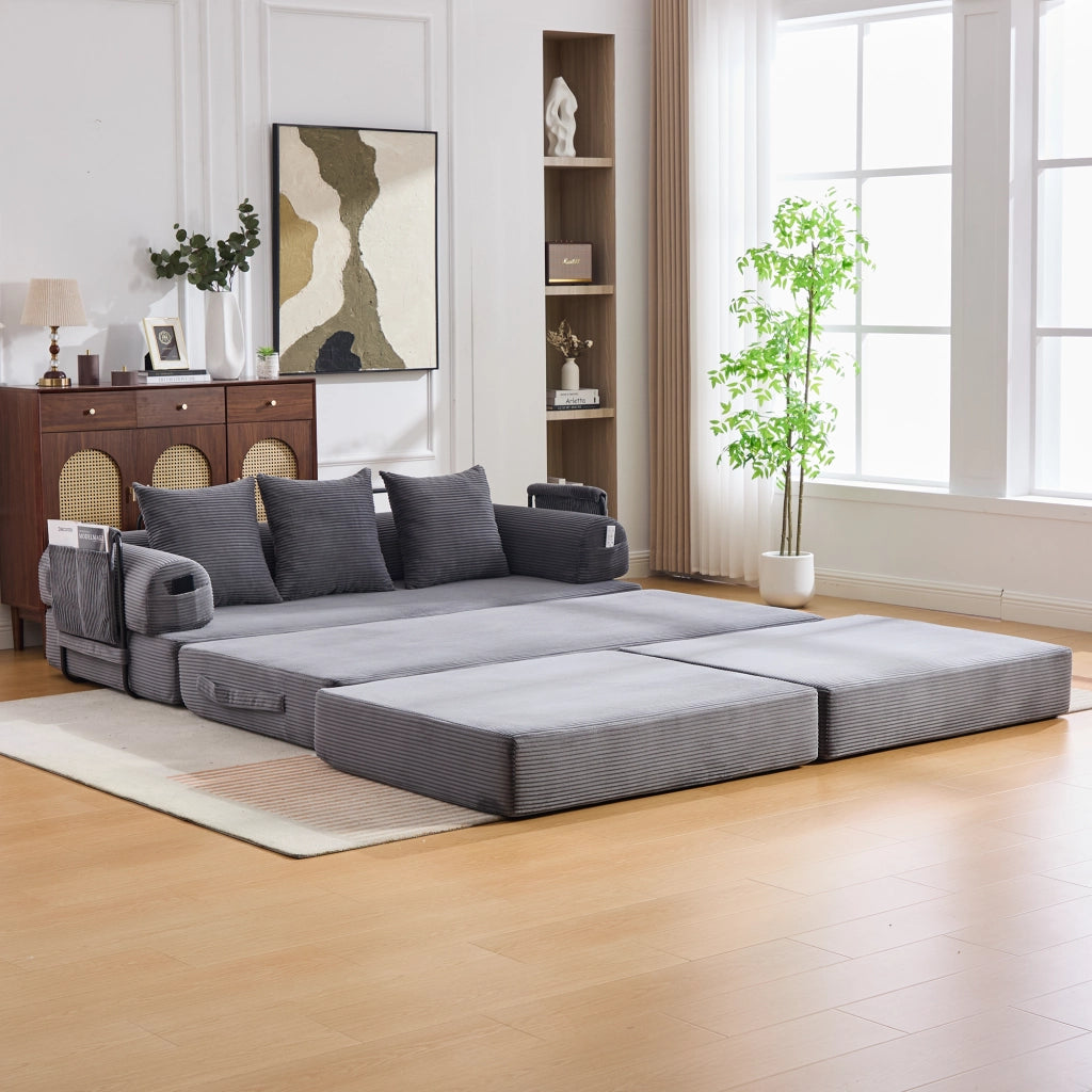 DIVANO MODULARE 200x190x67 cm in corduroy grigio scuro con pouf e 3 cuscini