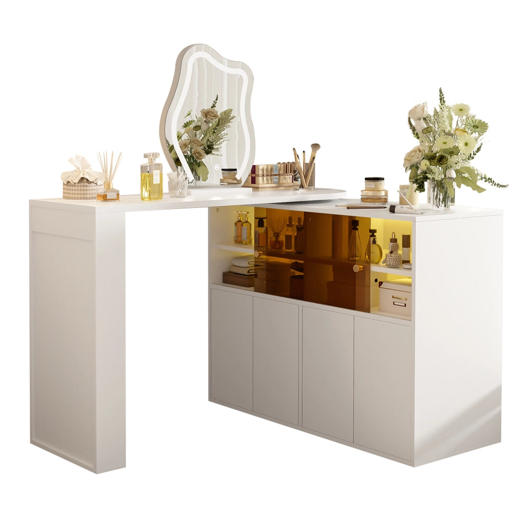 Tavolo da trucco angolare girevole con specchio LED a 3 colori, scrivania 2 in 1, bianco