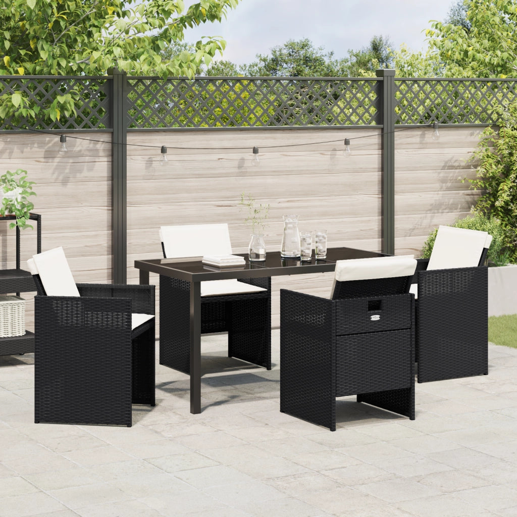 Set da pranzo da giardino di 5 pezzi con cuscini in polyrattan nero