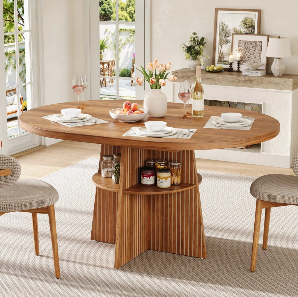 Tavolo da pranzo rotondo allungabile 110-150x110x77;5 cm con ripiano; effetto noce