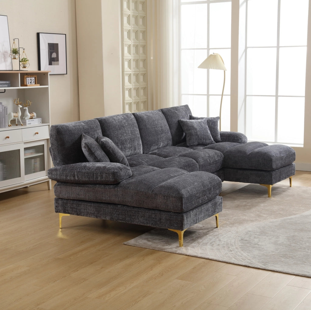 Divano a U 272x136x88 cm con due sedute reclinabili; struttura in legno; chenille grigio