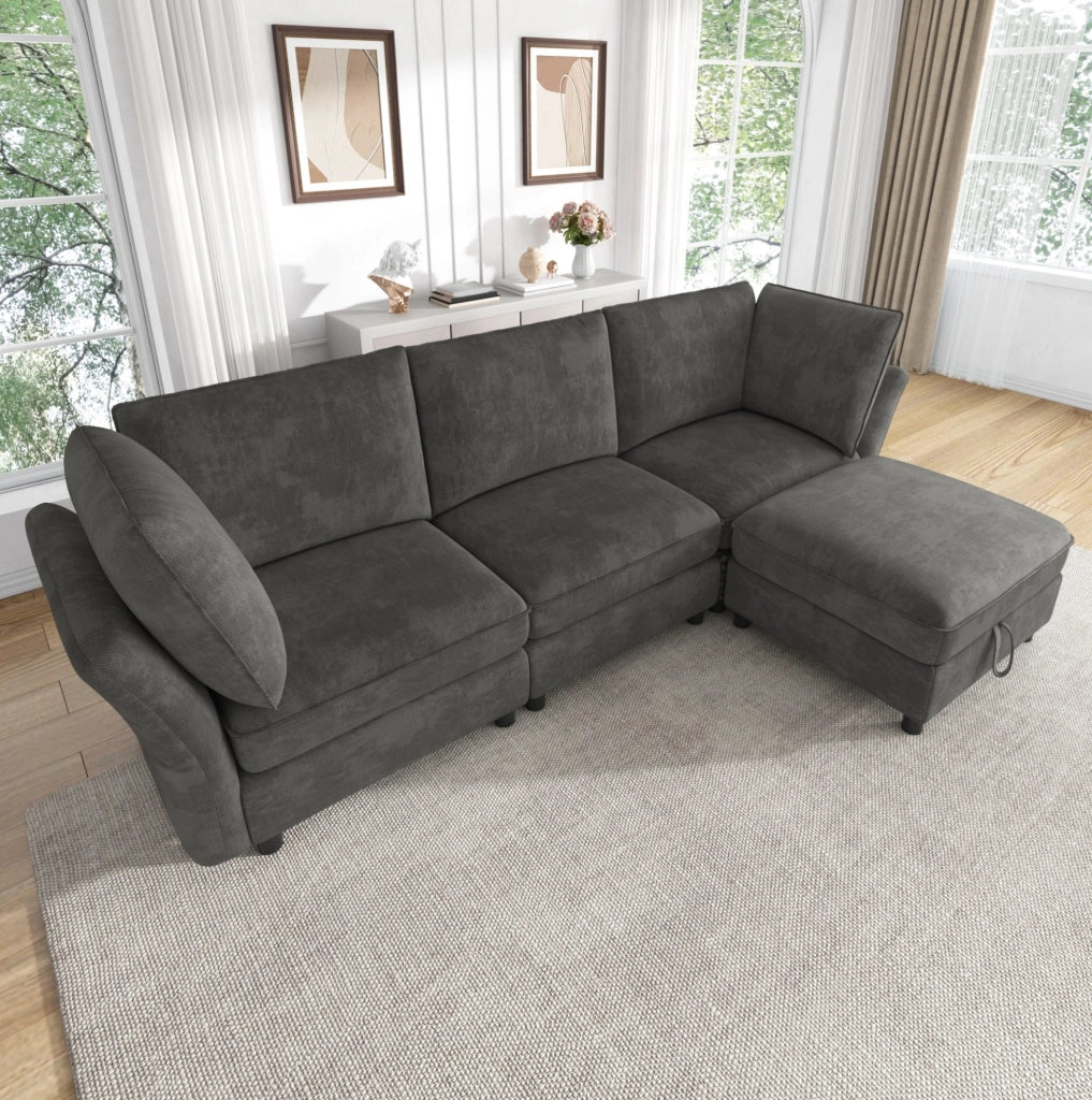 Sofa modulare a L con pouf contenitore, 4-5 posti, tessuto Chenille grigio