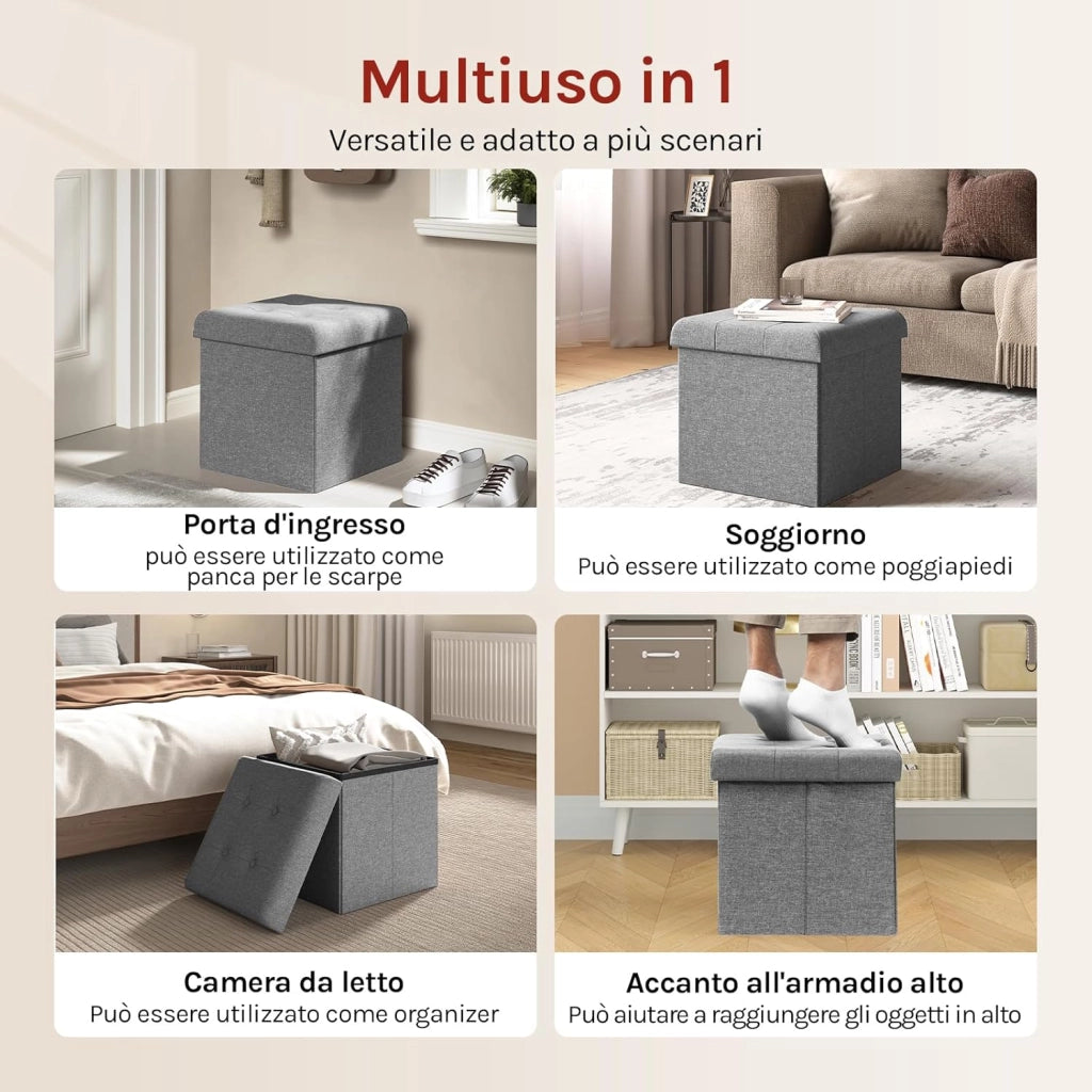 Sedia a Cubo Pieghevole Pouf Cassapanca Poggiapiedi Panche Contenitore con Coperchio Rimovibile MDF Oxford Lino Grigio Chiaro