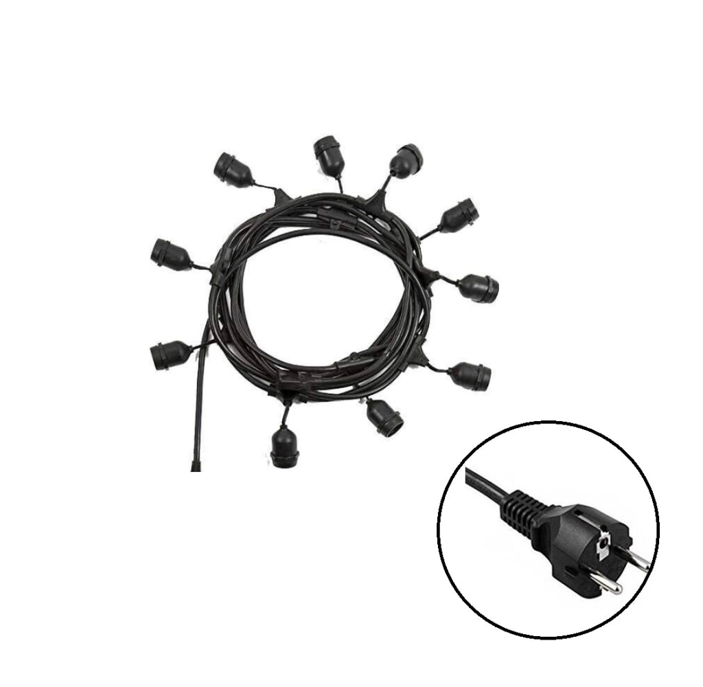 Catenaria Stringa Luminosa da Esterno E27 – 10 Portalampada, 10 Metri, Collegabile fino a 100m, IP54