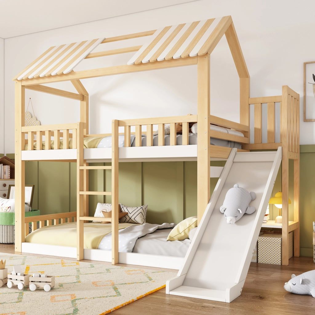 LETTO A CASTELLO 90x200 cm con tetto a capanna, bianco e naturale, con scaffale